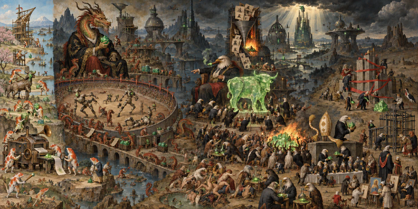 An early composition with densely grouped fantastical figures, tall structures, and a bright sky at the left.