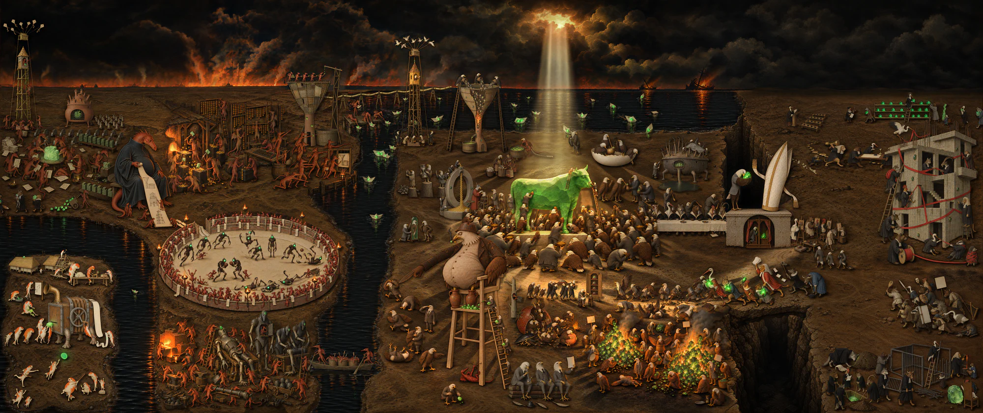 A panoramic digital painting of fantastical creatures, buildings, waterways, and a shaft of light beneath a dark sky.