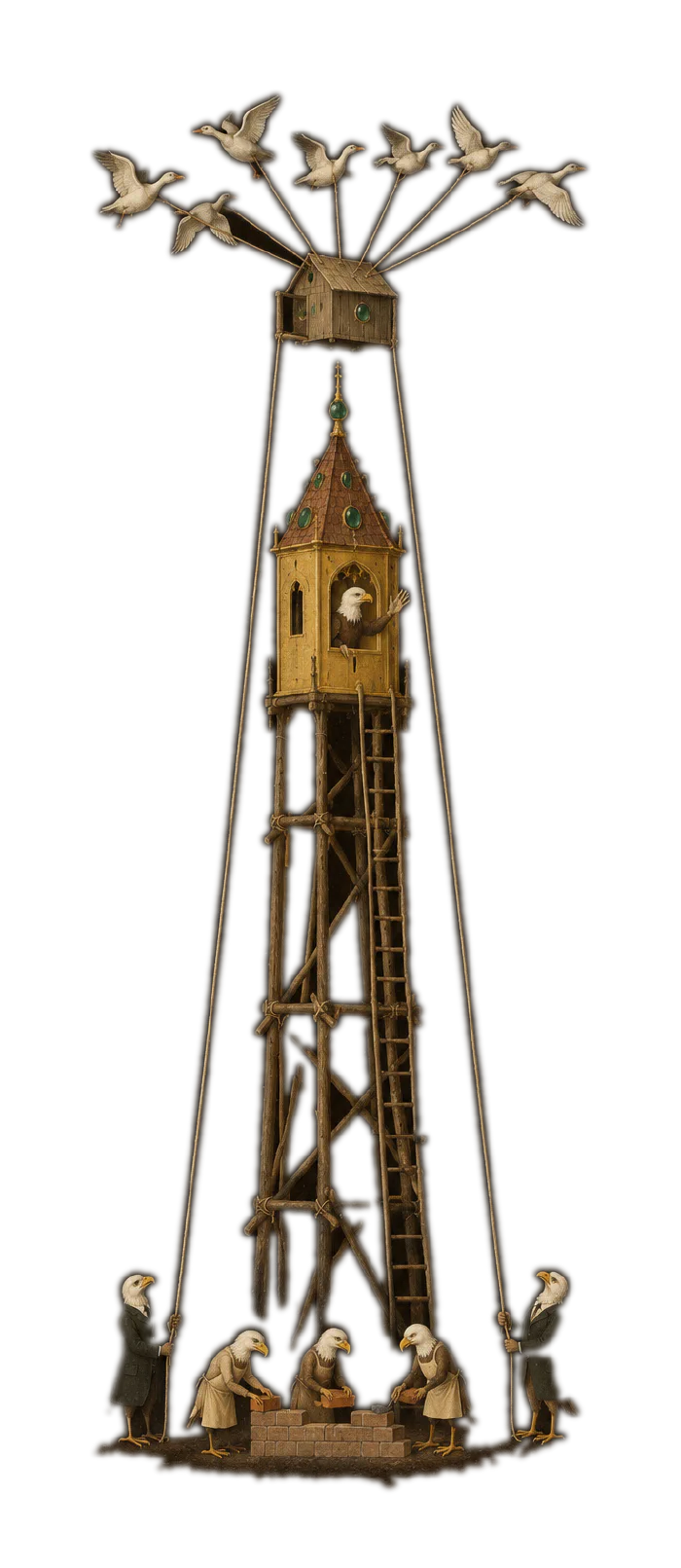A tall wooden tower with eagle-headed figures, a suspended house, and white birds on cords.