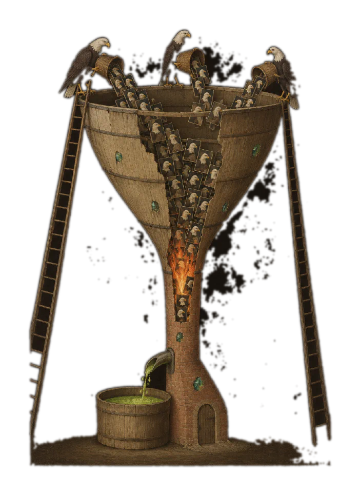 Eagles pour small portraits into a wooden funnel above a brick shaft and a round basin.