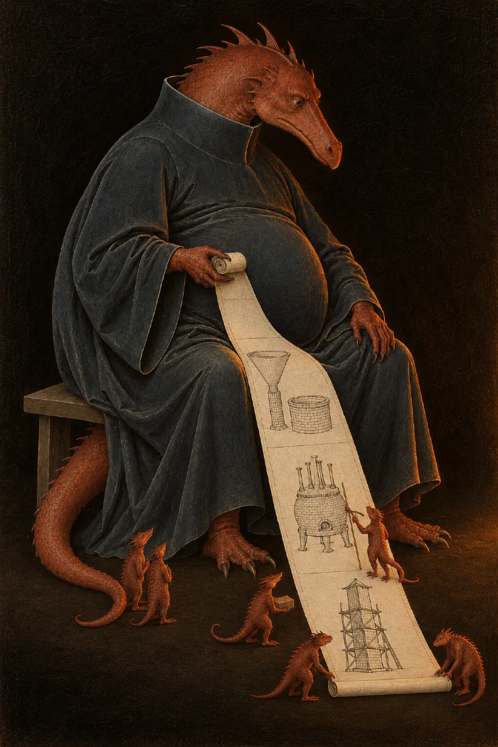 A large seated dragon in a dark robe holds a long illustrated scroll, with smaller dragons gathered below.