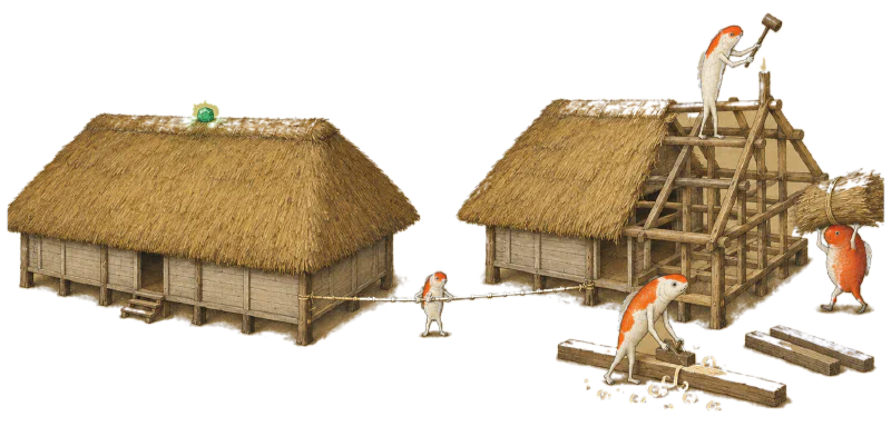 Orange and white fish with limbs build two thatched wooden houses.