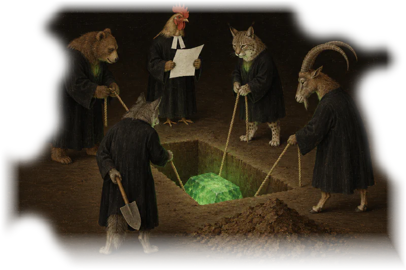 Five animal-headed figures in dark robes lower a green stone into a hole using ropes.