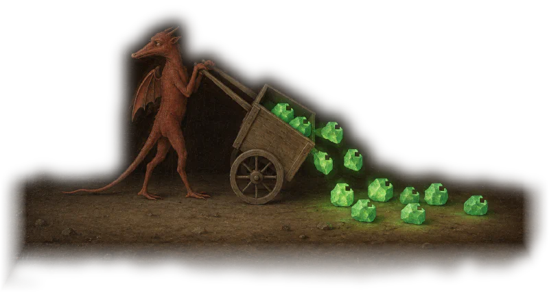 A small red dragon tips green stones out of a wooden cart.